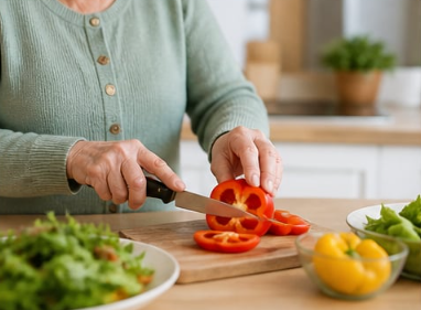 Older Australian preparing a meal independently at home