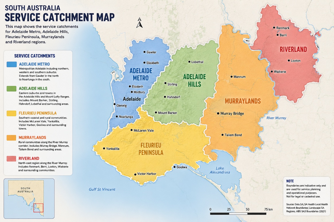 Service catchment map showing Metropolitan Adelaide, Adelaide Hills, Fleurieu Peninsula, Murray Mallee, and Riverland regions